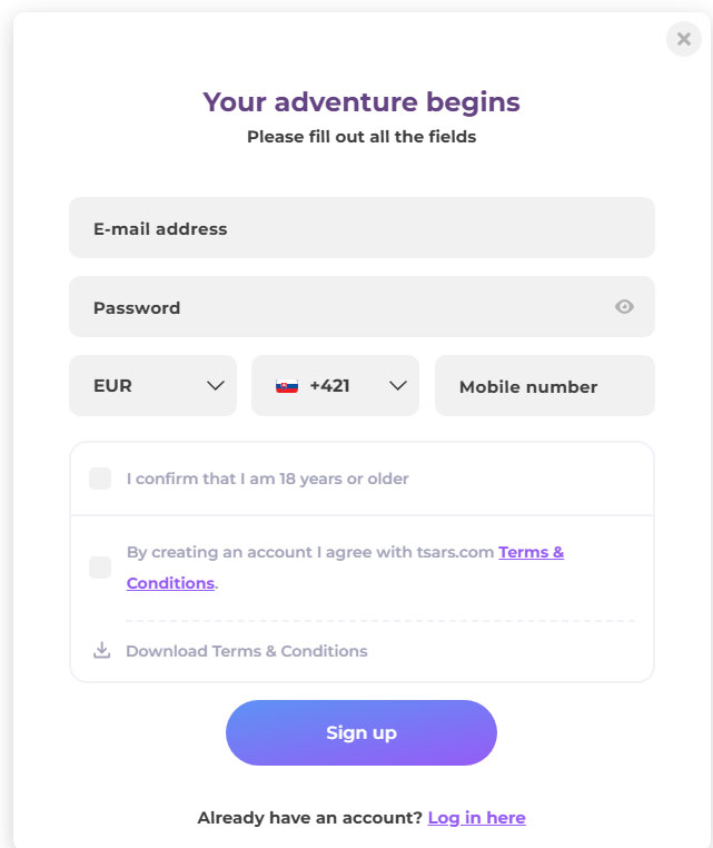 Tsars Casino Register